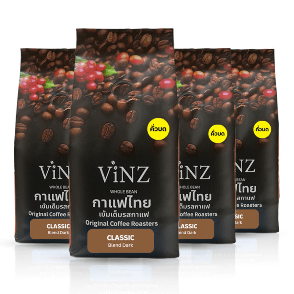 กาแฟคั่วบด ViNZ ดอยช้าง คลาสสิค อาราบิก้า เบลน โรบัสต้า,พีเบอร์รี่ คั่วเข้ม 4 ถุง (ถุงละ 250 กรัม)